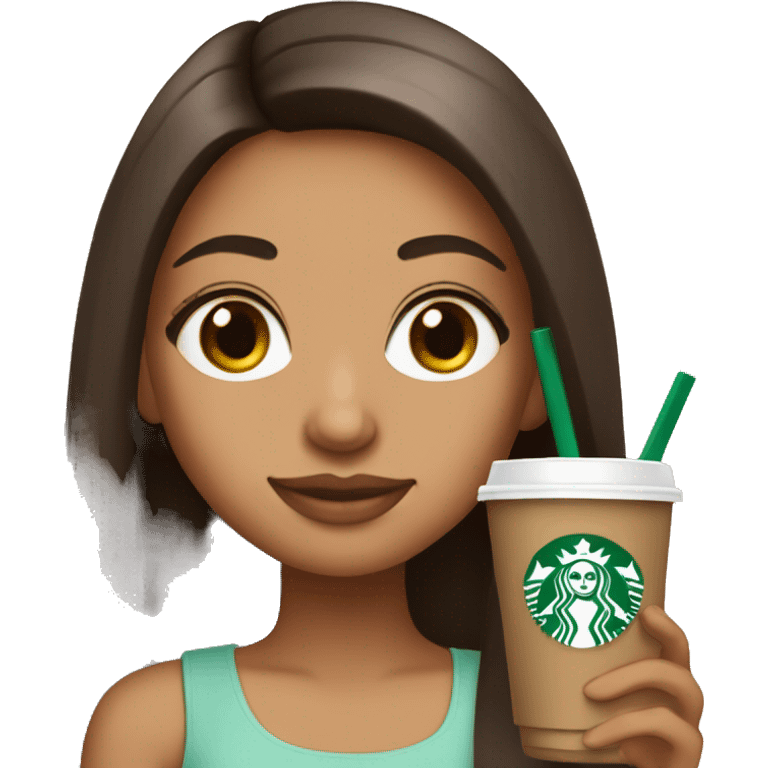 Latina cute girl with long straight brown and long eyelashes hair holding starbucks drink emoji