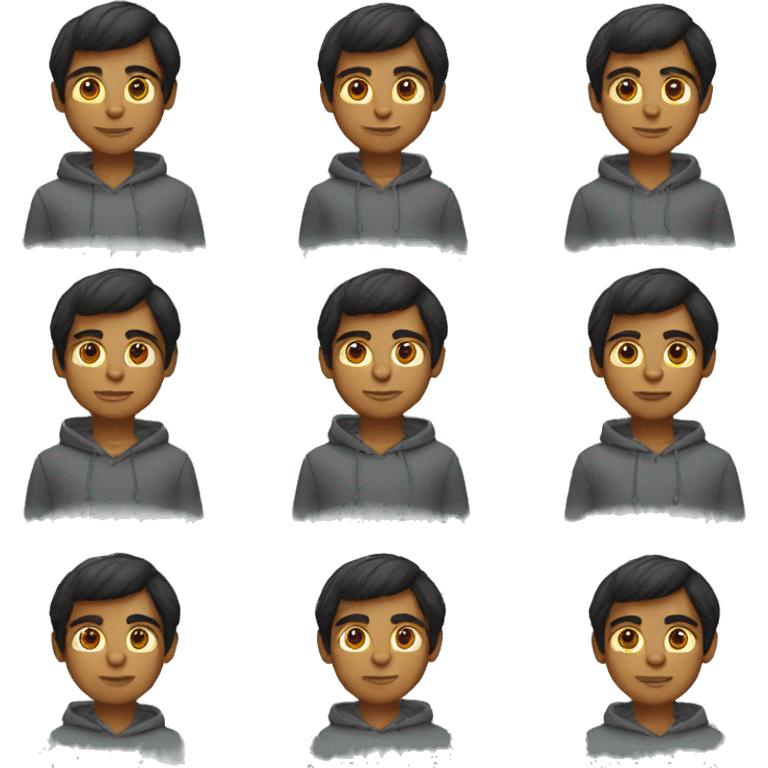 indian boy wearing a hoodie with a middle part hair working in macbook emoji