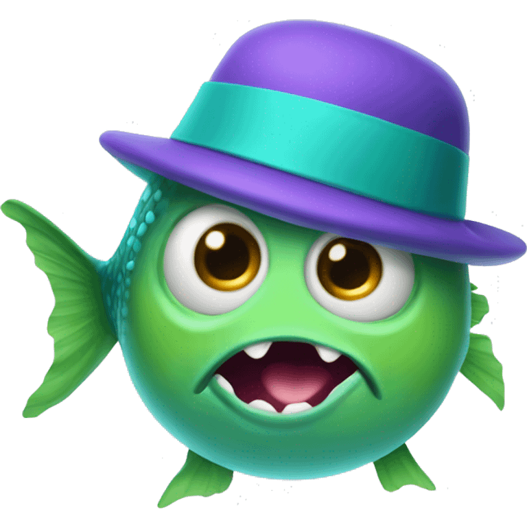 green and Robin egg blue fish monster wearing a purple hat emoji