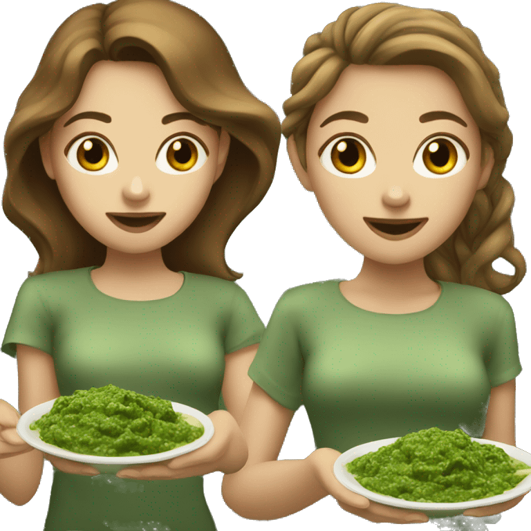 2 white girls with brown hair who eats pesto emoji