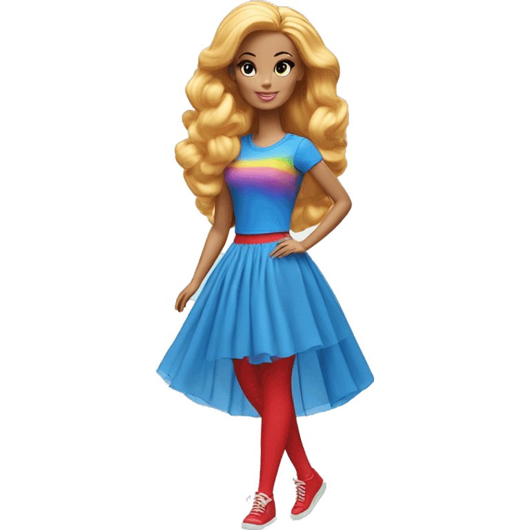 A Barbie with rainbow hair ,blue T-shirt,red tights and elongated blue chiffon skirt emoji