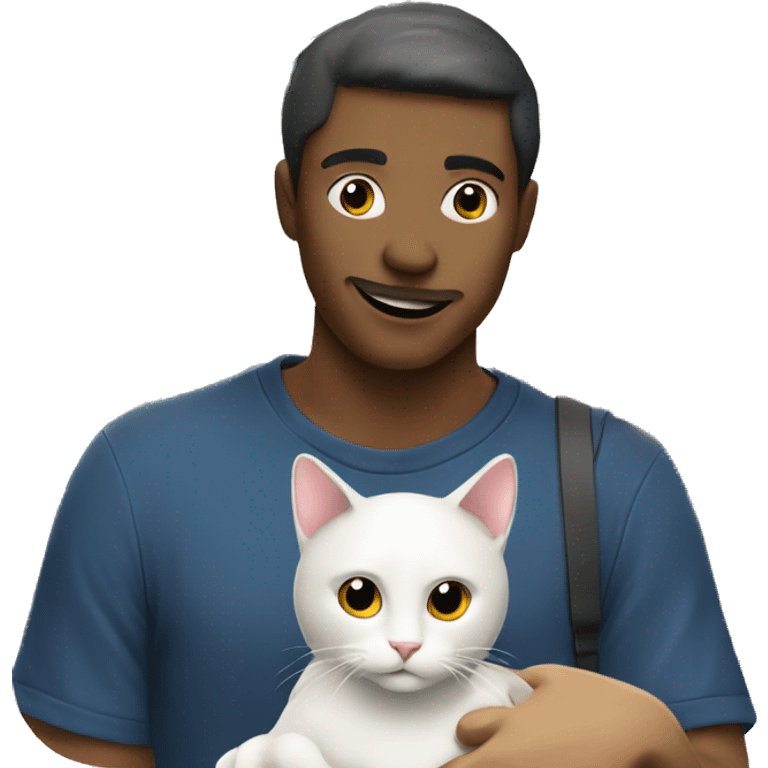 a man holding a cat, at behind have a house emoji