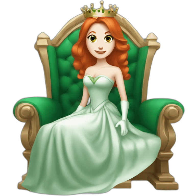 white skin redhead queen with straight hair wearing white gloves on her throne, wearing a green dress emoji