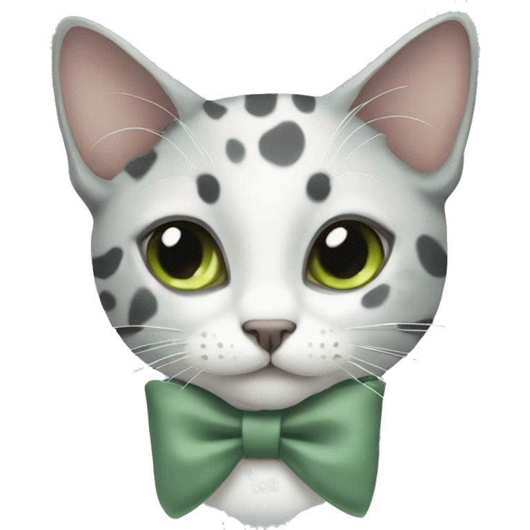 Grey and white spotted cat with sage green bow at neck emoji