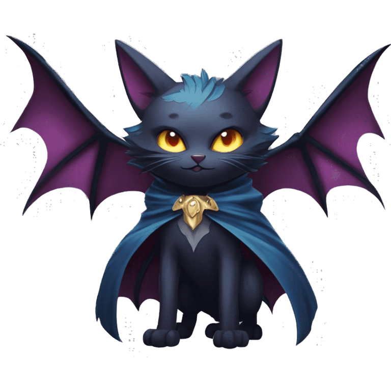   cool edgy beautiful fantasy anime-style dark animal vampiric Nargacuga-cat-hybrid Fakemon with big fangs and bat-wing-ears with a cape full body emoji