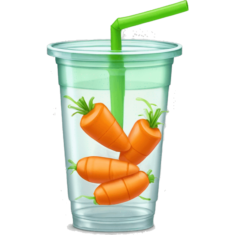 Realistic clear plastic cup half full of orange Transluscent soda with mini carrots floating inside the cup and green curly straw through the top. emoji