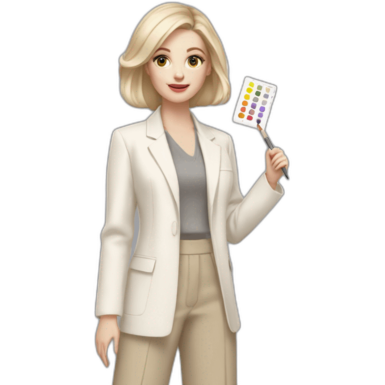 pale skin woman with ash blonde Straightened bob Hair, White Spacious classical jacket, beige palazzo Arrow pants and gray blouse holding a color palette in the hands emoji