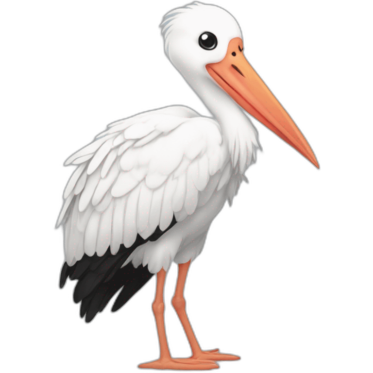  A big white stork carrying a bundle of cloth in its beak that has a cute white skinned baby face peeking out from it with black head emoji