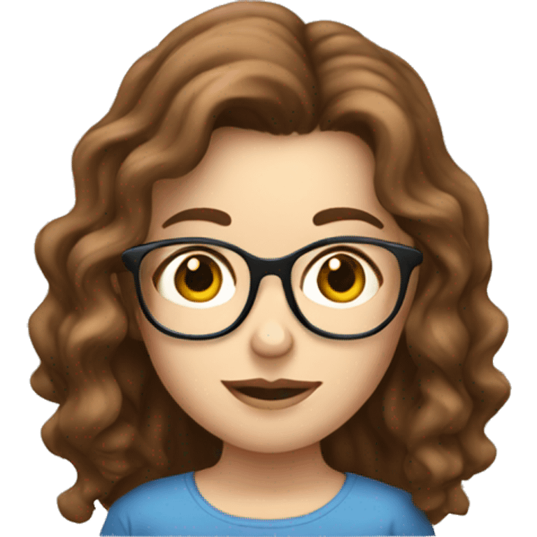 White girl with glasses and brown wavy hair reading on smart phone emoji