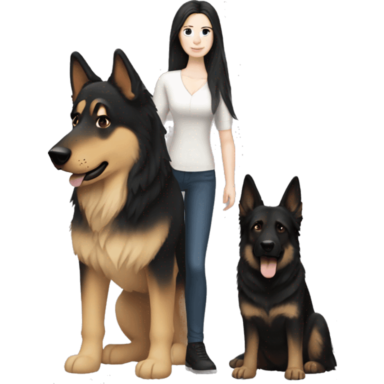 pale skin woman with long black hair standing by a german shepherd  emoji