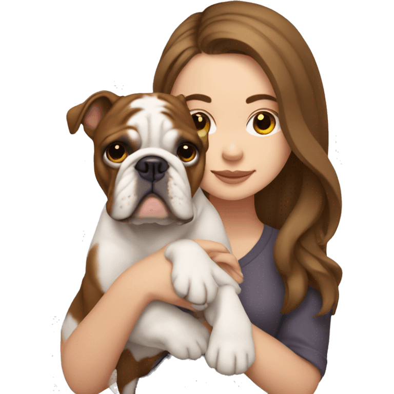 White girl with brown hair holding English bulldog emoji