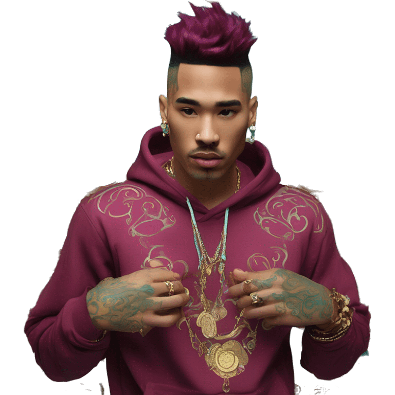 Vintage patina intricate swirls gold jewellery baroque golden raven tropical Deep pink maroon burgundy cyan dark hoodie man vitiligo dyed hair gold piercings nose piercing ear piercings emoji