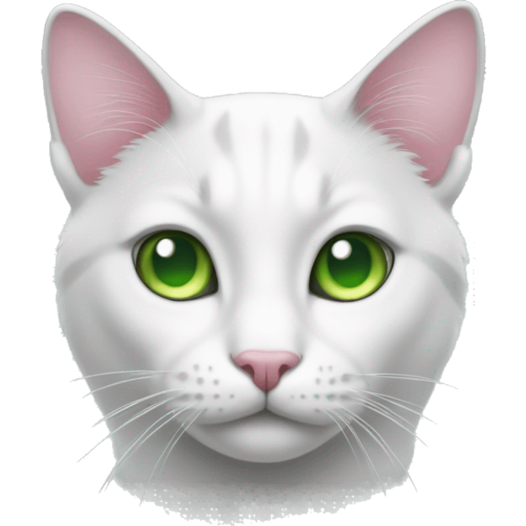 white, some gray cat with green eyes, pink nose  emoji