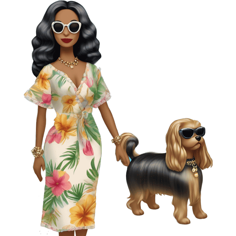 Palm Beach Breeze Barbie Wednesday Addams ,walking by the pool, white skin, full body visible, wavy hair,handbag, aloof,eyeshadow,earrings,open flowing floral caftan,small 2 piece, sunglasses on top,heels,holding yorkie Miss Thang emoji