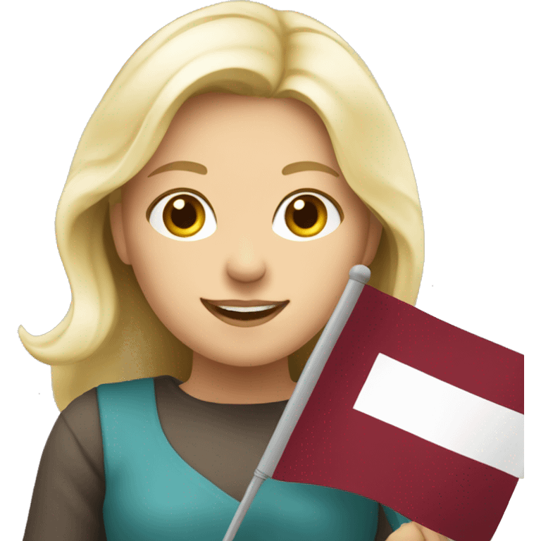 Happy blonde woman with a flag of Latvia in hands emoji