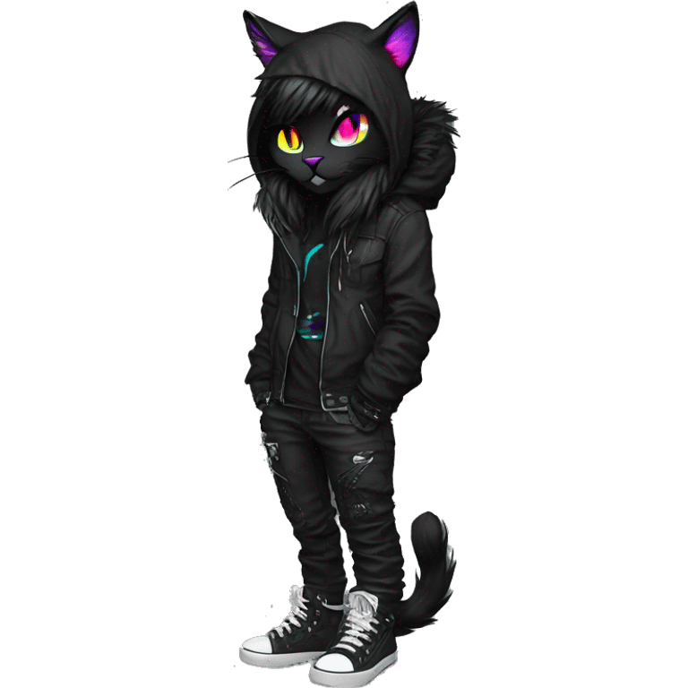 Edgy Shy Anthro cool pretty colorful dark cat-fursona techwear punk black emo-mane emoji