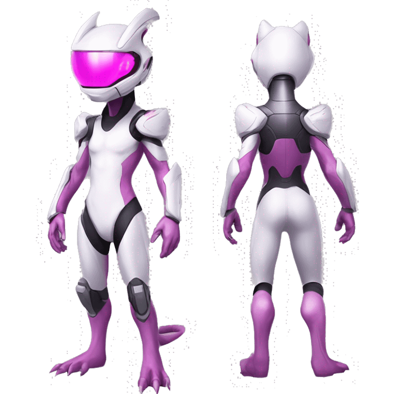 White Anthro-Lizard-Reptile-Alien-Genesect-Mewtwo-Fakémon, with pink eyes, with a futuristic visor-helmet, wearing a techwear-suit, Full Body emoji