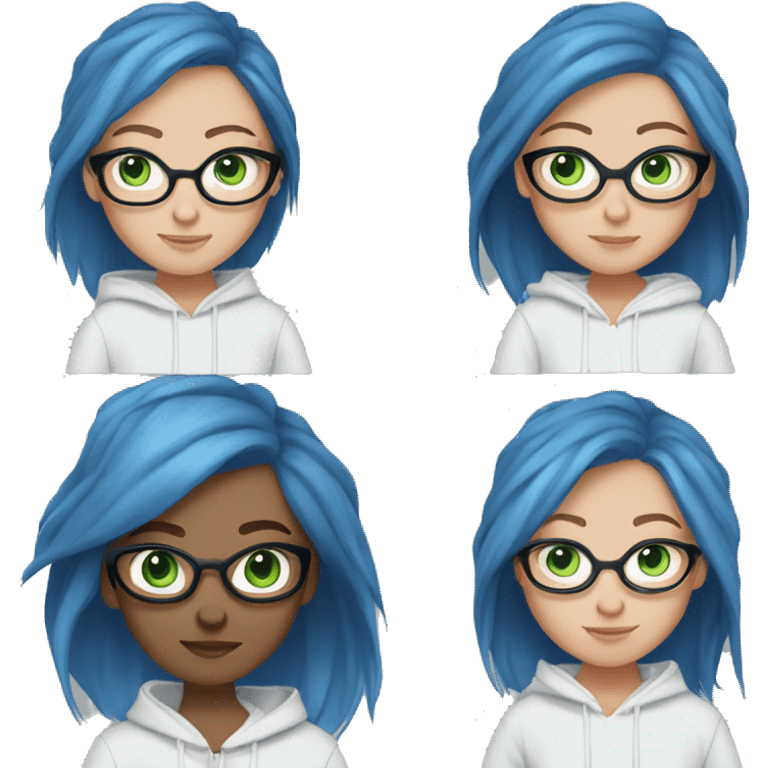 white girl with long cobalt blue hair, light blue eyes wearing black framed glasses and unzipped green hoodie emoji