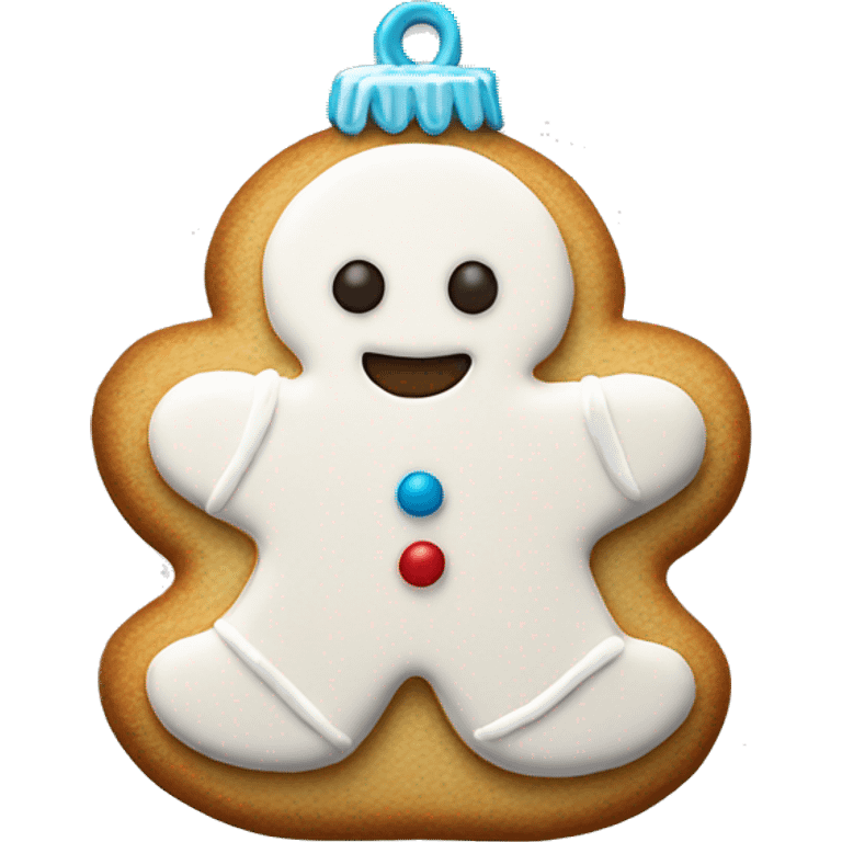 white frosted gingerbread cookie shaped like a christmas ornament emoji