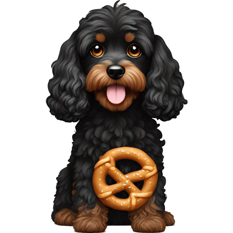 Black cavapoo with a Pretzel emoji