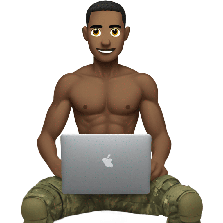 Army man without a shirt ripped, playing on the computer emoji