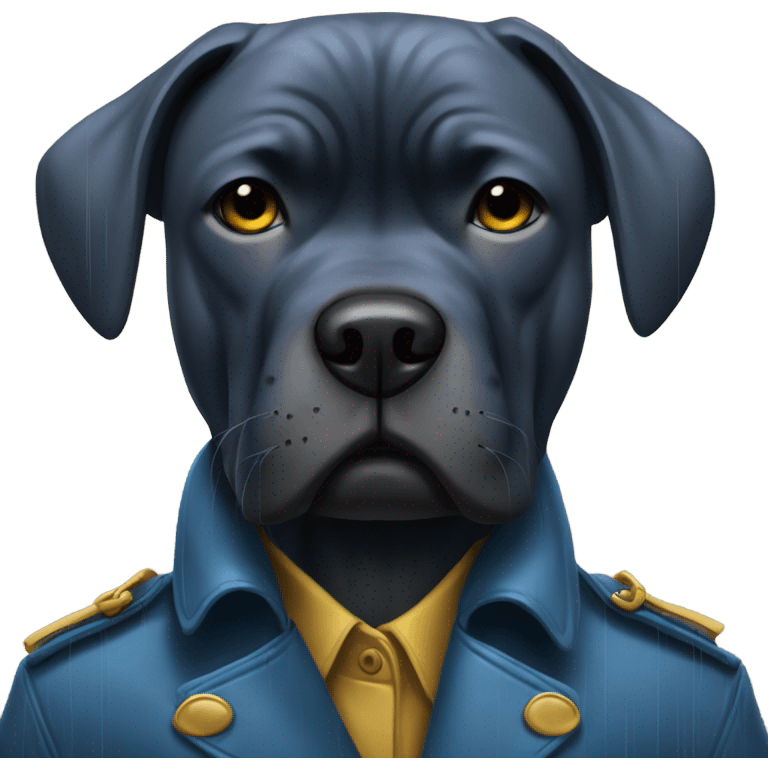  A CaneCorso crying in the rain in a blue and gold trench coat. emoji