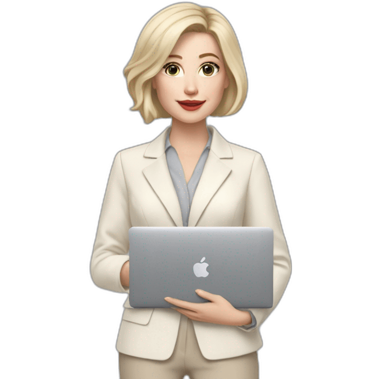 pale skin woman with ash blonde Straightened bob Hair, White Spacious classical jacket, beige palazzo Arrow pants and gray blouse holding a MacBook in the hands emoji