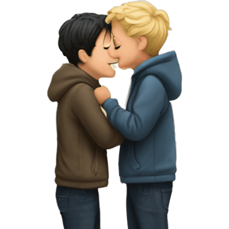 Two fair-haired boys are kissing with the Berlin Gate clearly visible in the background. emoji