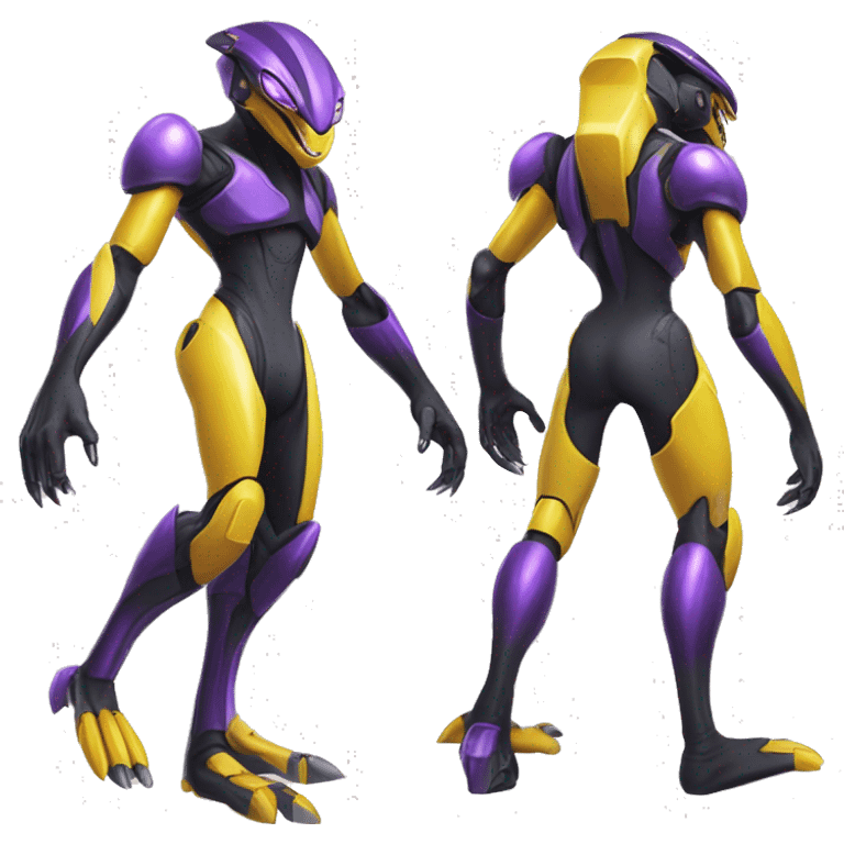 a shiny black-purple-yellow Genesect-Raptor-Fakémon—hybrid with a futuristic visor-helmet full body emoji