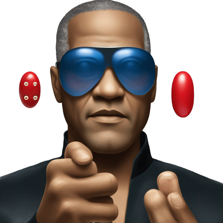 Morpheus, Lawrence fishburne from the matrix, holding red pill in one hand in another hand blue pill emoji