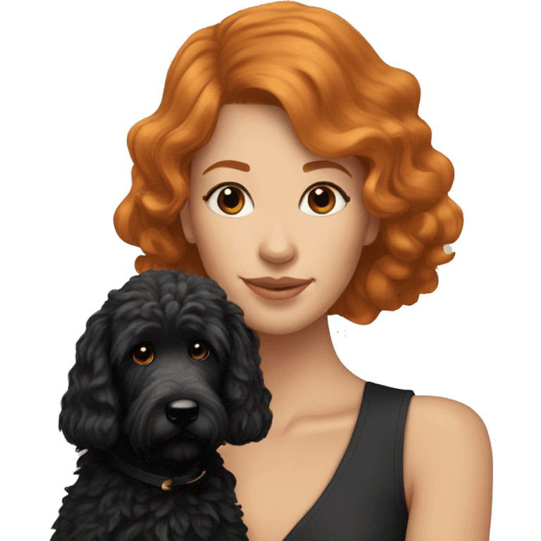 Woman with ginger coloured hair holding black goldendoodle emoji