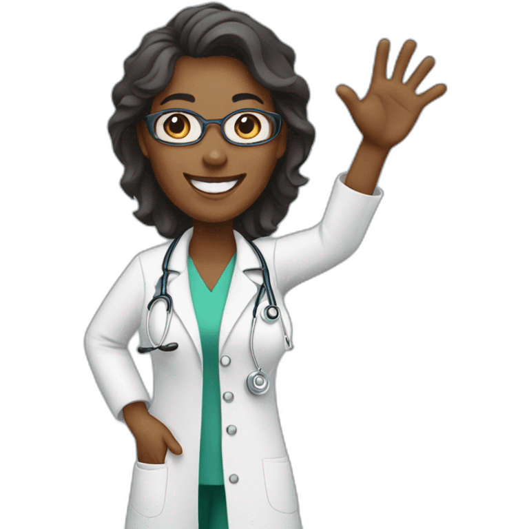 female african middle aged doctor waving and smiling emoji