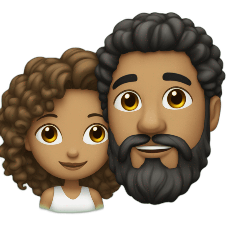 Brown man with a smooth black hair cut fade and a black beard kissing a White woman with long brown curly hair emoji