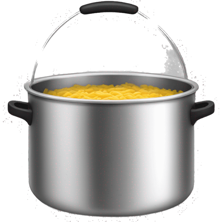 Stainless steel pot with black handlers, food inside emoji