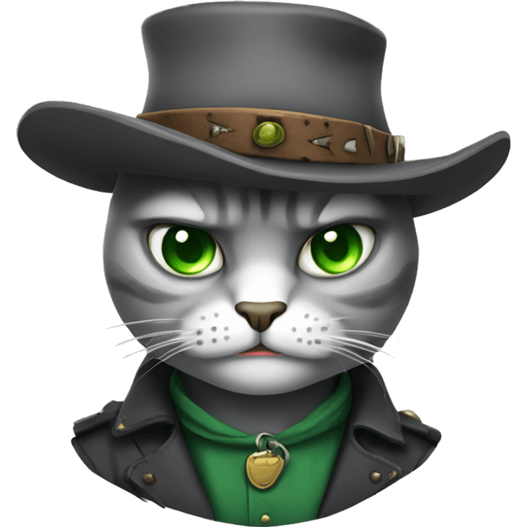 very angry gray cat with green eyes dressed like an old west outlaw emoji