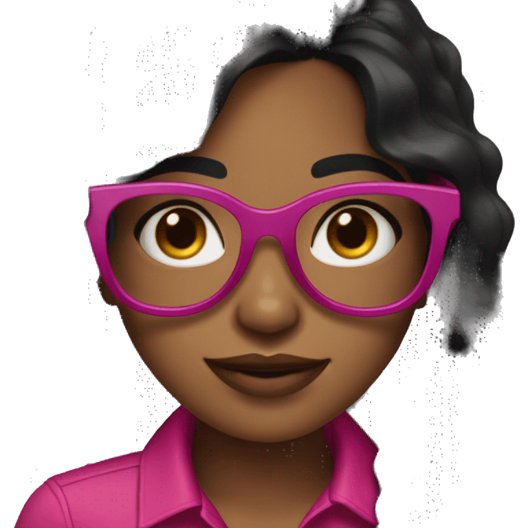 Girl with long wavey black hair and brown skin and brown eyes and fuchsia and black glasses emoji