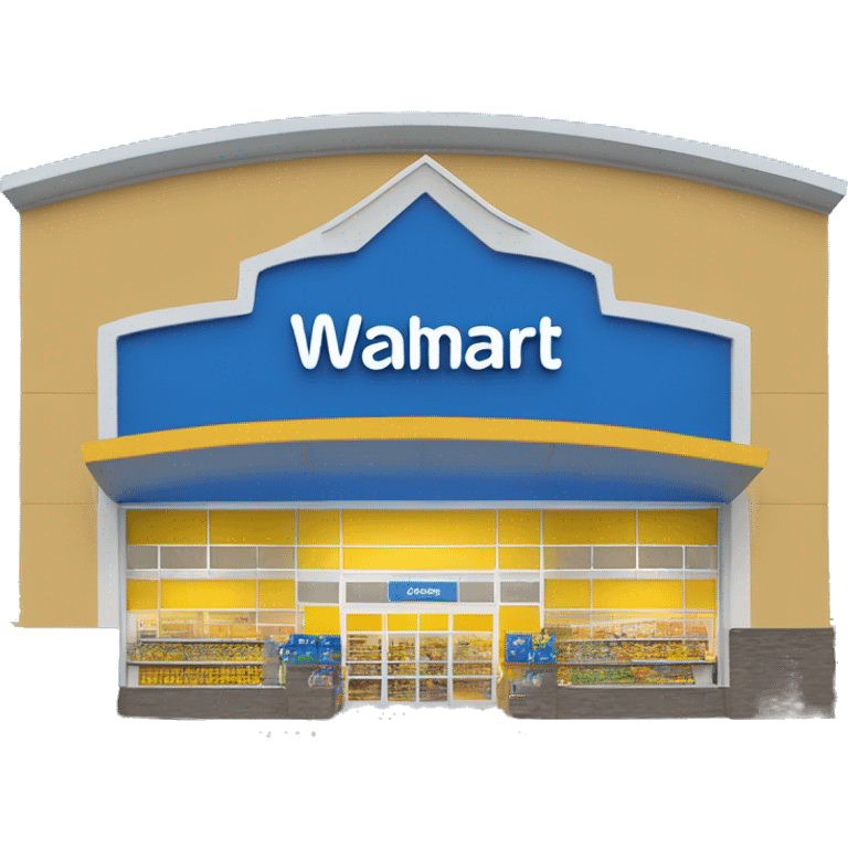 “Exterior of a Walmart store with the sunburst logo above the entrance, blue facade with yellow accents, large sliding glass doors, and shopping carts lined up outside, capturing the look of a busy retail supercenter.” emoji