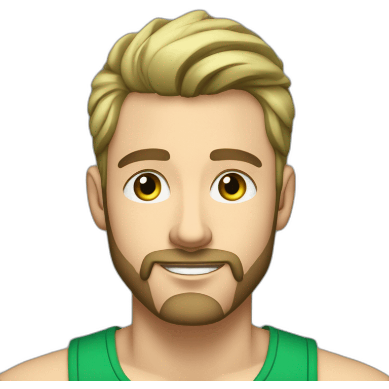 Handsome 34 year old man with dirty blonde hair and kind ocean blue eyes and a short cropped beard wearing a green tank top shirt with broad shoulders listening to music on earbuds emoji