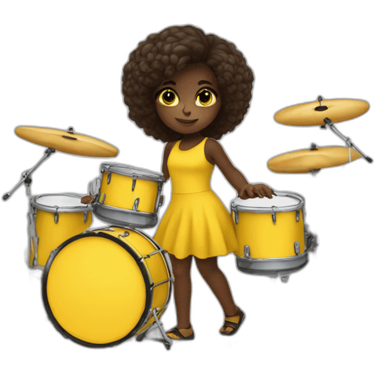 cute girl in yellow dress dark skin with yellow eyes and dark curvy hairs plays on drums emoji