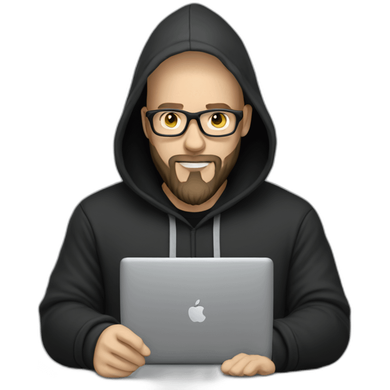 bald white man with glasses and a black beard typing on apple computer wearing a black hoodie emoji