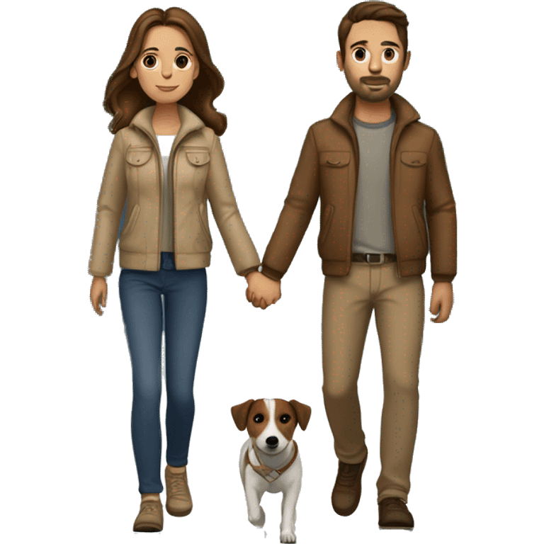 Couple with brown hair and beige jackets and brown pants holding hands on a late night walk with a jack russell terrier emoji