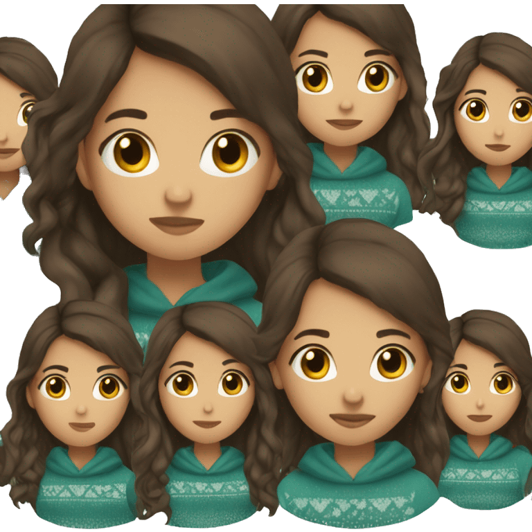 teenage girl, hispanic, long brown hair, brown eyes, teal sweater, winter sweater emoji