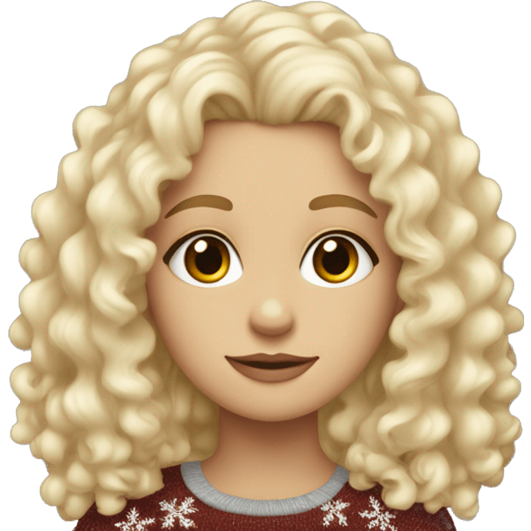 white, blond curly girl with brown eyed and chistimas sueter emoji