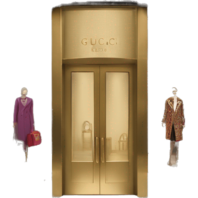 “Gucci store exterior with gold logo above entrance, large glass windows displaying luxury fashion, and elegant double doors.” emoji