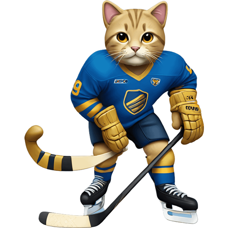 Cat playing hockey in blue and gold jersey emoji