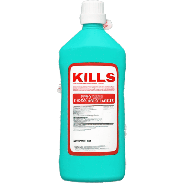 Turquoise Mouthwash bottle with white stickers and brown cap . the white stickers have small red letters that say kills 99% of batería  emoji