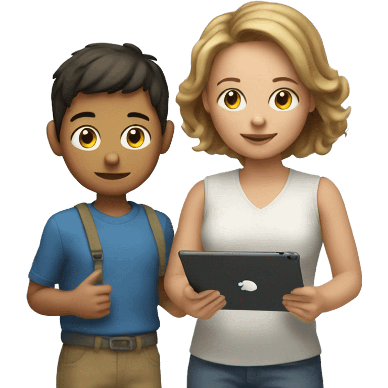 young student with iPad and his mother emoji