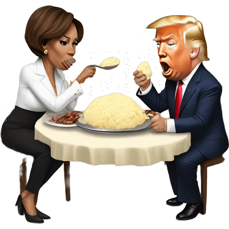 donald trump eating mashed potato’s with kamala harris who is eating a big beef steak. both of them are eating together.  emoji