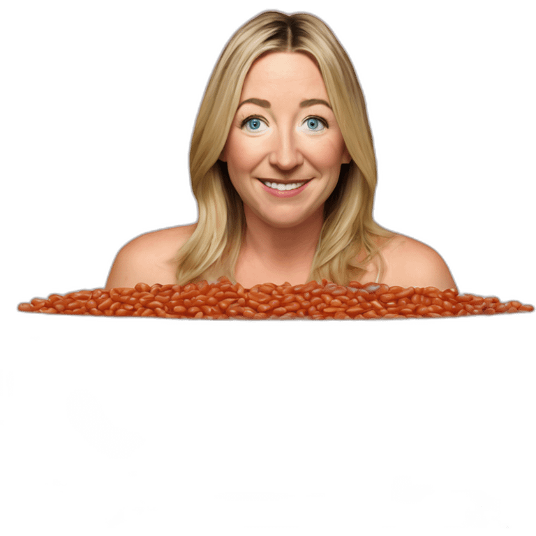 Victoria Coren-Mitchell in a bath of baked beans emoji