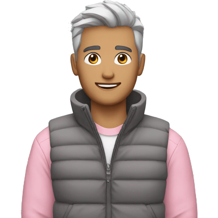 Finance bro with light grey short spike hair grey puffer vest over pink shirt emoji